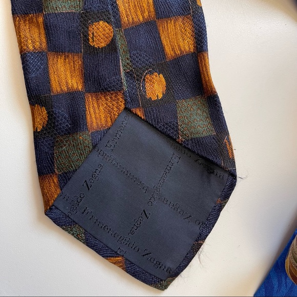 ERMENEGILDO ZEGNA 100% Silk Tie Blue Gold Green Squares Geometric Checkered - Picture 5 of 7